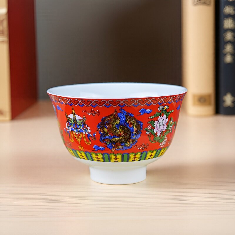 藏式吉祥八宝供水碗3.6英寸陶瓷高脚防烫酥油茶碗点心碗反口酒碗
