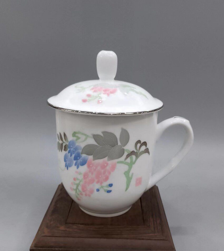 醴陵老瓷器群力瓷厂90年代釉下彩手绘紫藤老板杯原厂正品包老包真