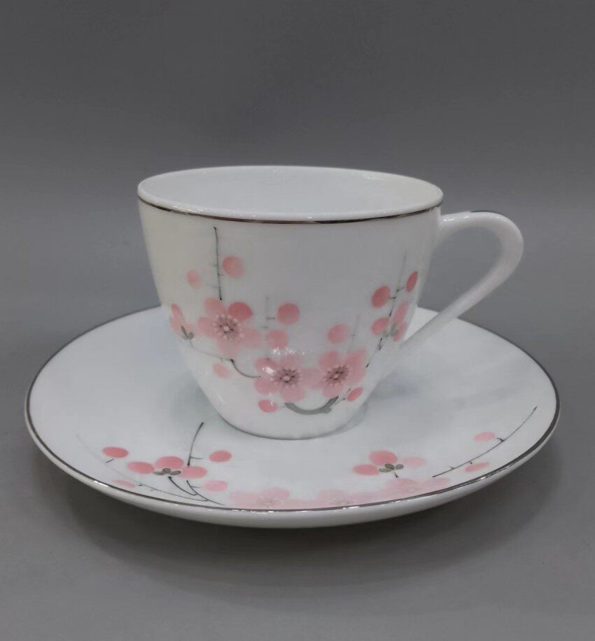 醴陵老瓷器群力70年代蝴蝶款釉下手绘梅花含球泥玉兰杯碟精品正品
