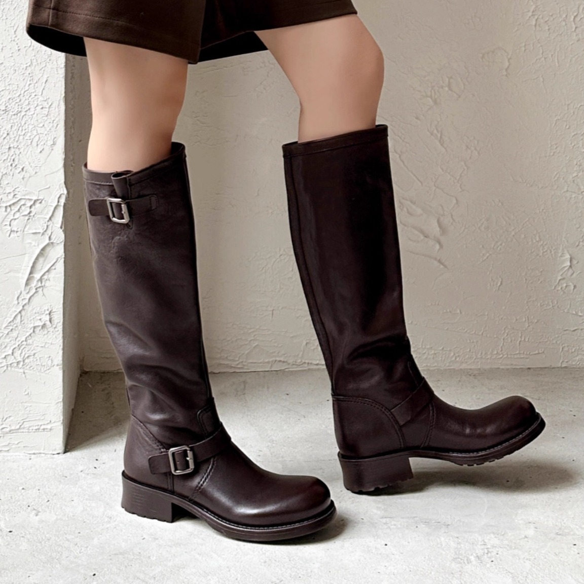 高级感牛皮黑色粗跟骑士长筒靴