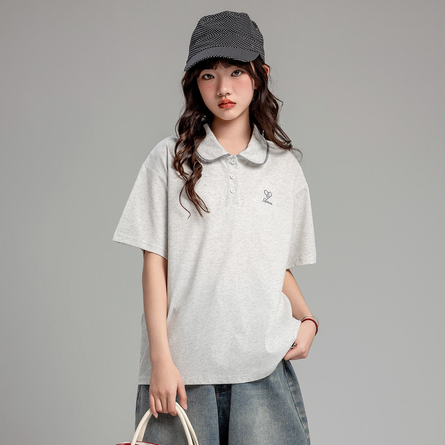 少女学院风娃娃领短袖POLO衫女夏季初中学生宽松刺绣百搭t恤上衣