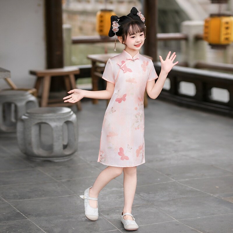 2026新款女童旗袍新中式国风儿童改良夏季连衣裙女孩汉服蝴蝶提花