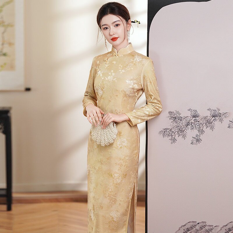 2026新款黄色植绒冬装国风新中式长款长袖改良旗袍女复古妈妈冬季