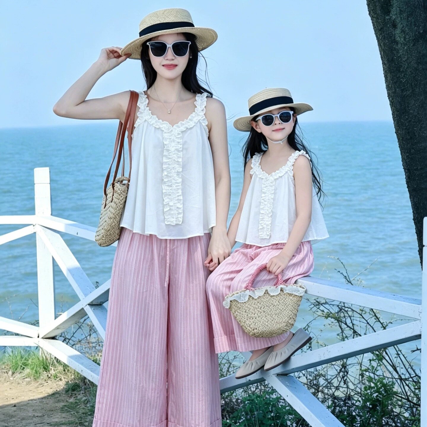 2026新款亲子装母女夏季白色吊带背心粉色条纹阔腿裤度假风沙滩套