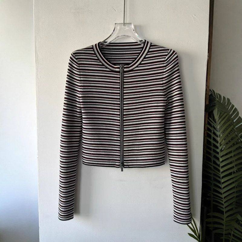 撞色条纹圆领修身吊带针织开衫