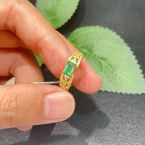 瑞耀珠宝祖母绿戒指S925银天然长方日常简约通勤设计群镶可k金镶