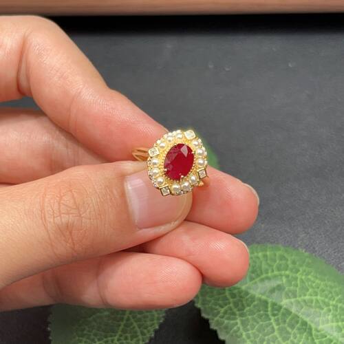 瑞耀珠宝红宝石戒指6*8S925银明艳不黑珍珠镶金品质传家宝鸽血红