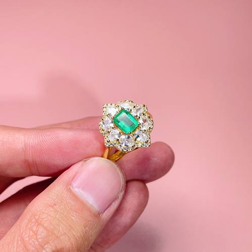 瑞耀珠宝 925银天然祖母绿宝石戒指女精致线戒镶嵌彩宝裸石可定制