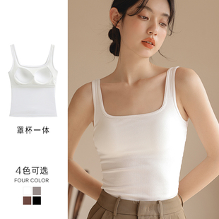 纯欲辣妹吊带方领纯棉美背背心一体式 上衣 带胸垫裹胸修身 打底短款