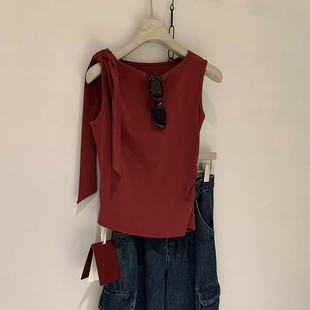 多穿法飘带斜肩无袖 抽褶收腰上衣2026新款 T恤 背心女修身 系带无袖