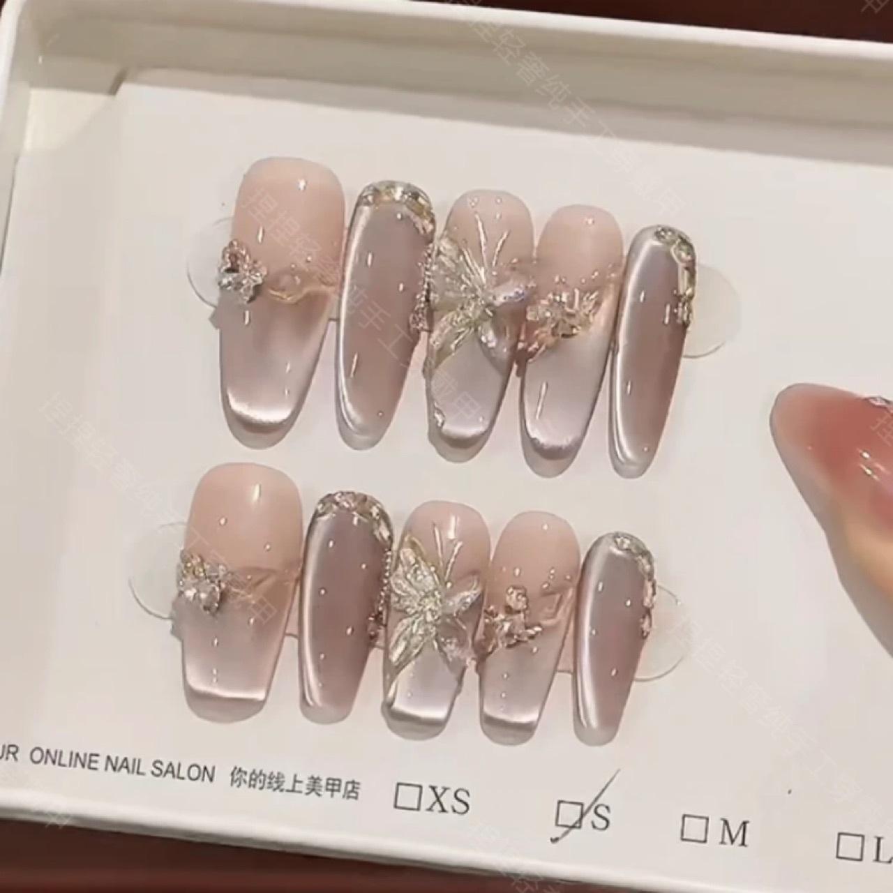 纯手工穿戴甲高级蝴蝶猫眼清新高贵优雅气质光疗美甲贴片