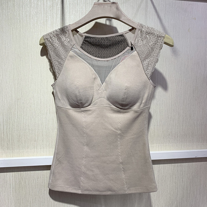 冬季新款三合一体保暖背心女轻微塑形修身显瘦免文胸蕾丝袖口打底