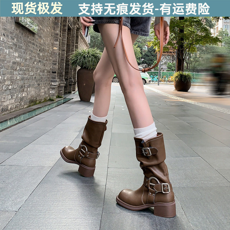 真软皮欧美西部牛仔靴皮带扣堆堆靴中筒靴女骑士靴子马丁靴女靴子,女鞋,骑士靴,淘宝优惠券,粉丝福利购,淘宝优惠卷