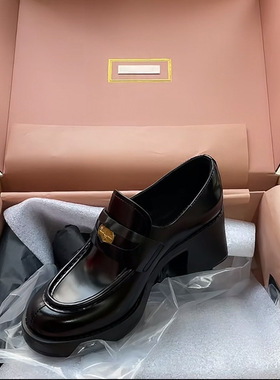 羊皮版~2025新款真皮小个子miu风金币浅口乐福鞋女粗跟增高小皮鞋