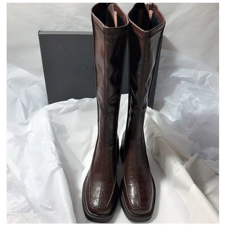 2025新款方头粗跟长靴女包腿显瘦弹力靴不过膝软皮高跟百搭时装靴,女鞋,时装靴,淘宝优惠券,粉丝福利购,淘宝优惠卷
