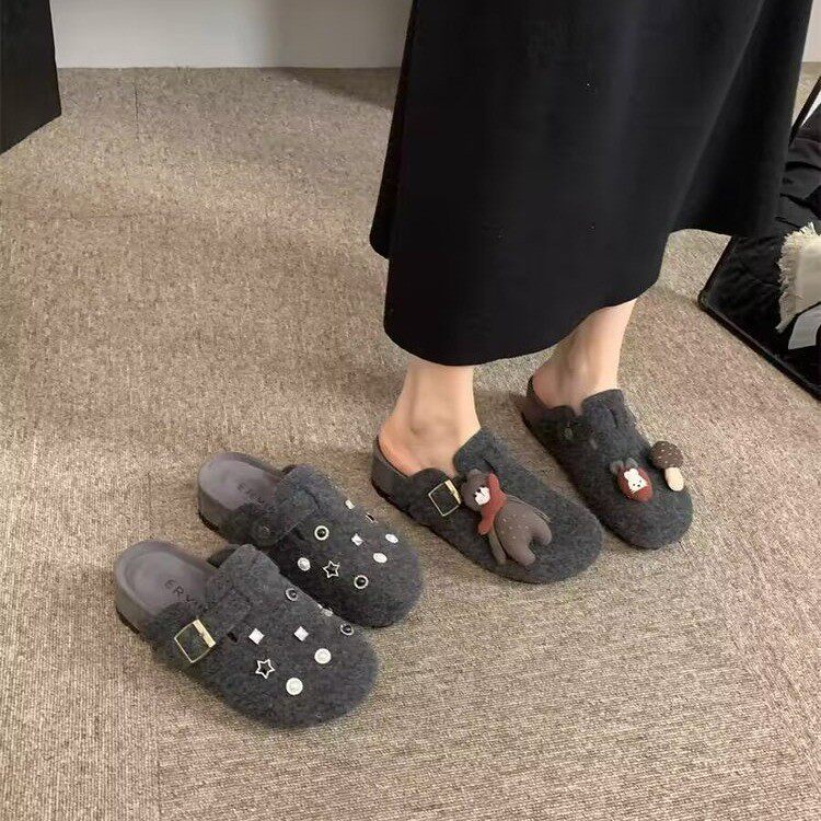 复古铆钉水钻灰色厚底增高勃肯鞋女2025春季新款包头懒人半拖鞋