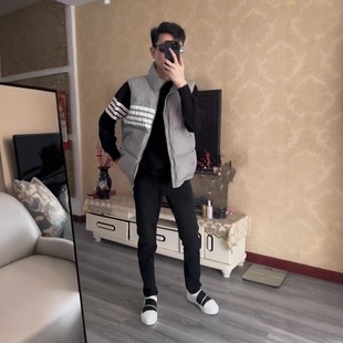 秋冬网红同款四道杠条纹坎肩潮流马甲男女百搭立领设计感小众外套