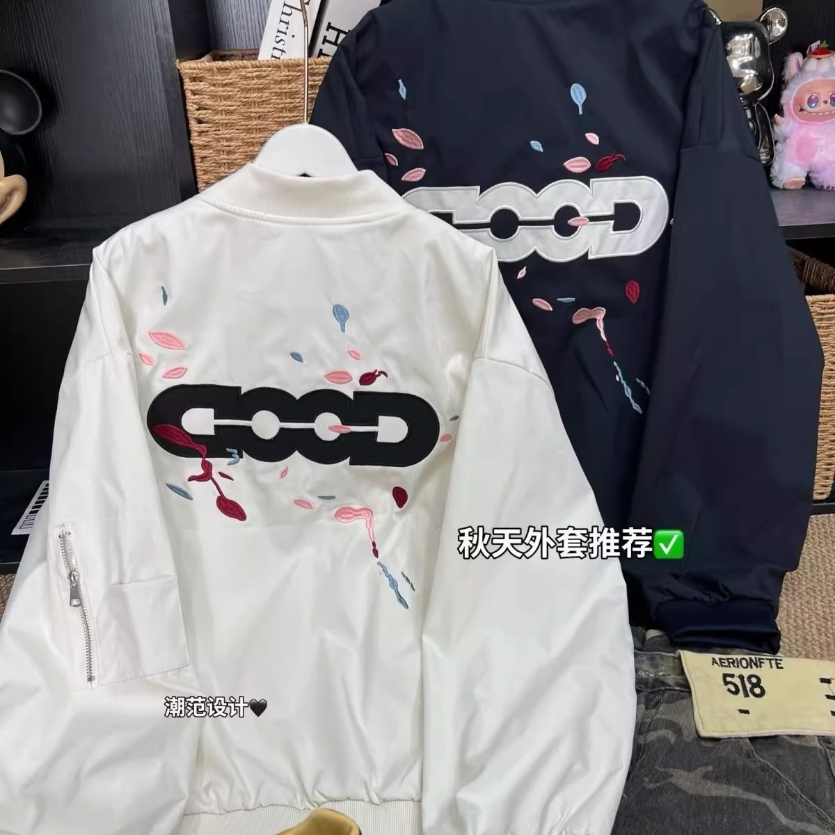 爆款网红同款美式潮牌刺绣good棒球夹克外套男女宽松学生情侣棒球