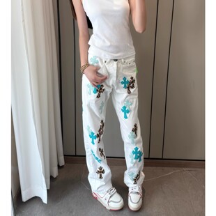 美式高街快手网红重工克罗十字架贴皮牛仔裤男百搭宽松直筒休闲裤