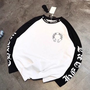秋季男女百搭ins克罗黑白拼色大马蹄花臂长袖T恤情侣休闲宽松卫衣