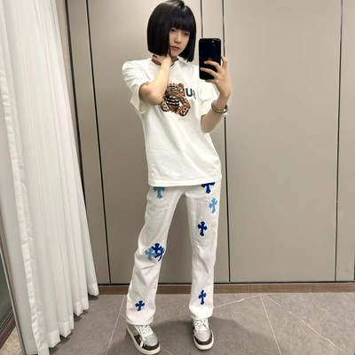 美式潮牌轻奢白色克罗十字架牛仔