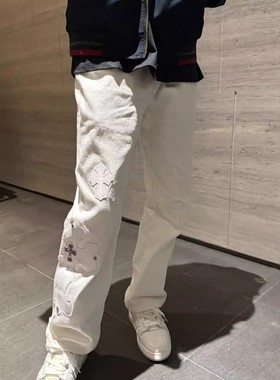 美式高街刺绣缝皮十字架白色牛仔裤男女潮牌重工宽松百搭直筒长裤