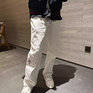 美式高街刺绣缝皮十字架白色牛仔裤男女潮牌重工宽松百搭直筒长裤