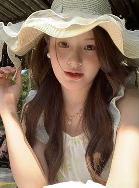 蕾丝蝴蝶结草帽女夏季百搭时尚海边出游度假防晒遮阳帽大帽檐帽子