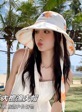 韩系配裙子小清新碎花遮阳渔夫帽女春夏2025新款甜美百搭蓝色盆帽
