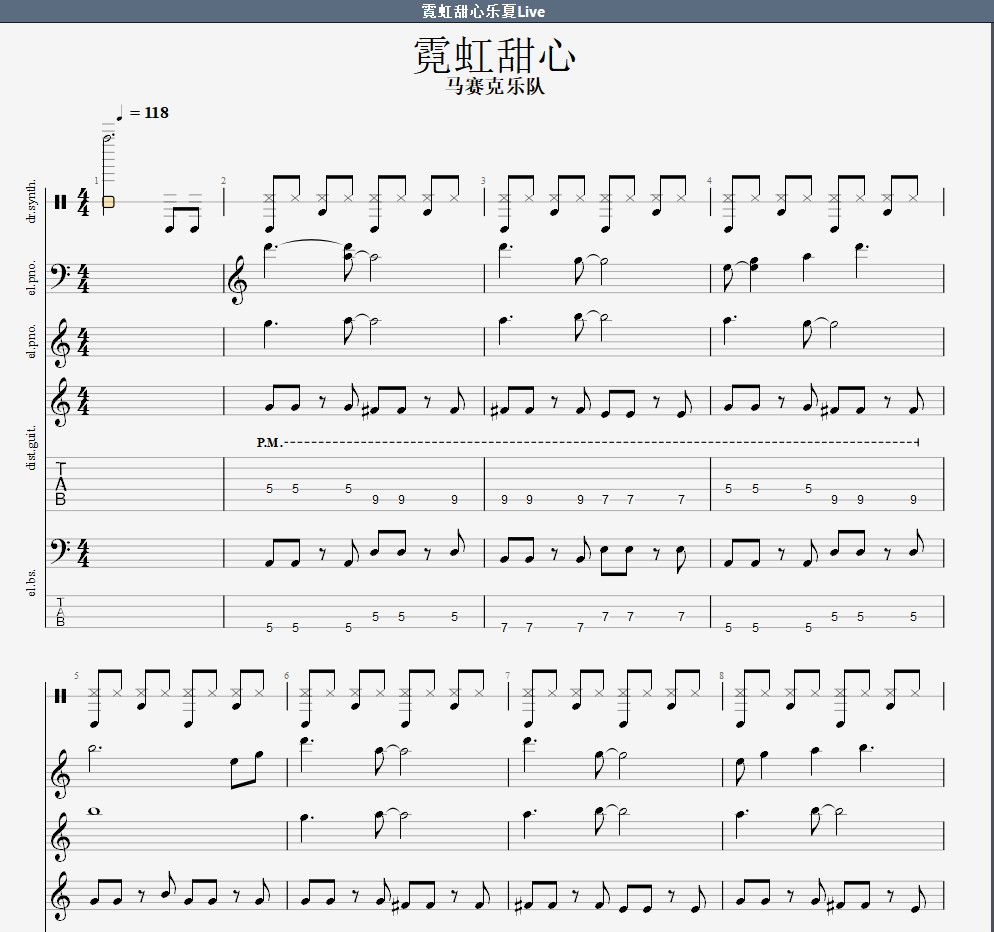 马赛克乐队乐夏霓虹甜心live版乐队总谱吉他贝斯鼓键盘gtp谱midi