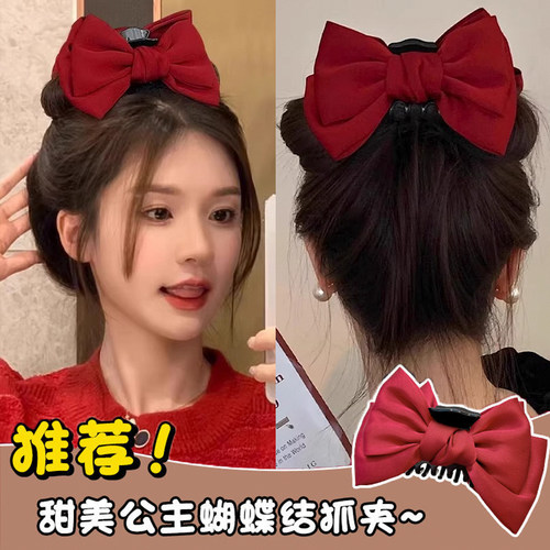 发夹女红色蝴蝶结公主头抓夹