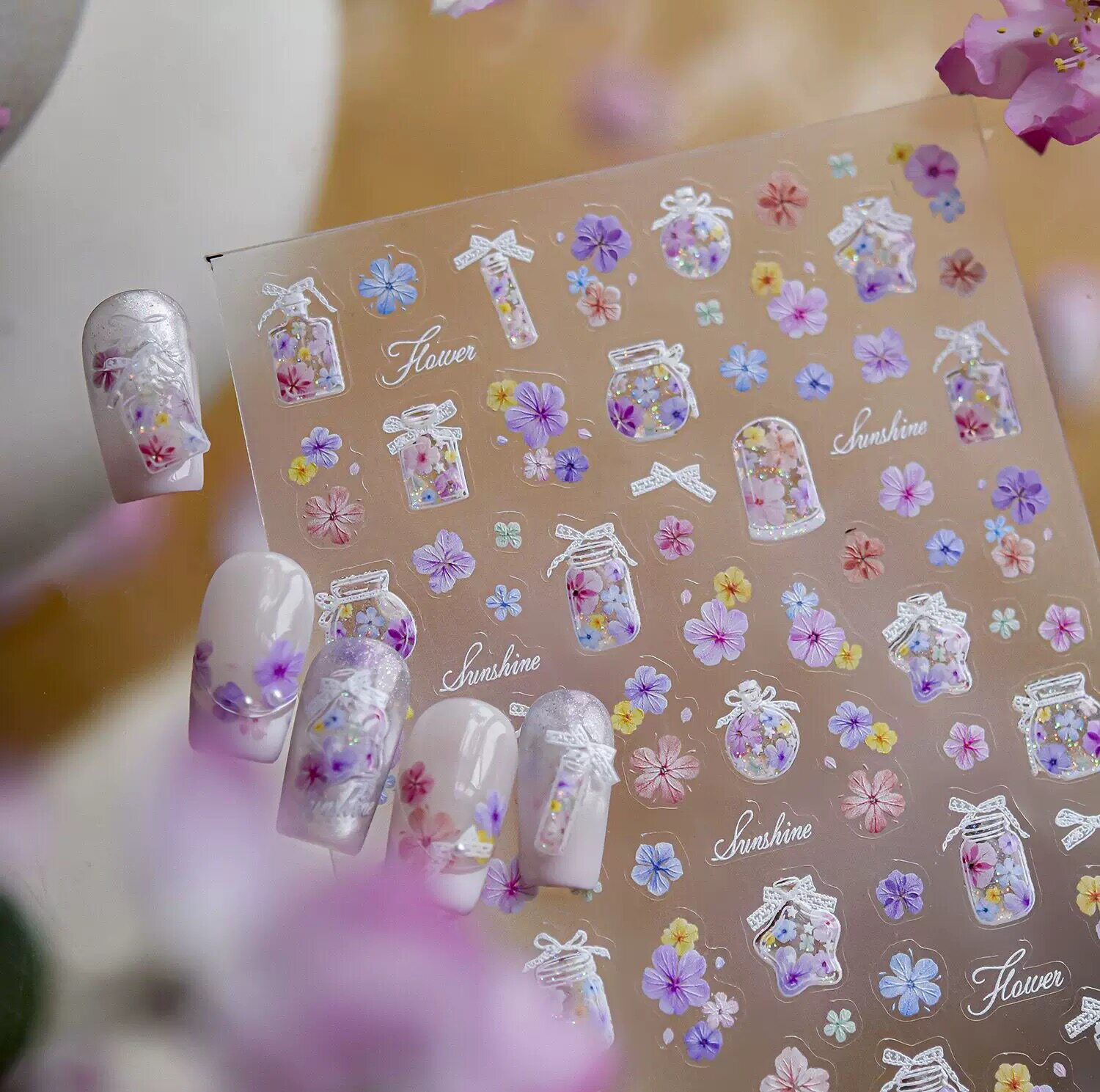 春夏粉紫色碎花浮雕防水美甲贴纸