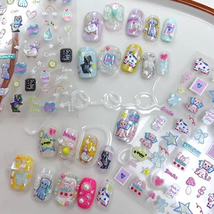 童趣涂鸦奶牛和猫美甲贴纸卡通可爱补丁狗狗背胶防水指甲贴装饰品