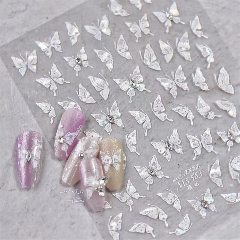 晶钻贝壳光蝴蝶美甲贴纸新中式清冷白蝶背胶5d网红新款指甲贴装饰
