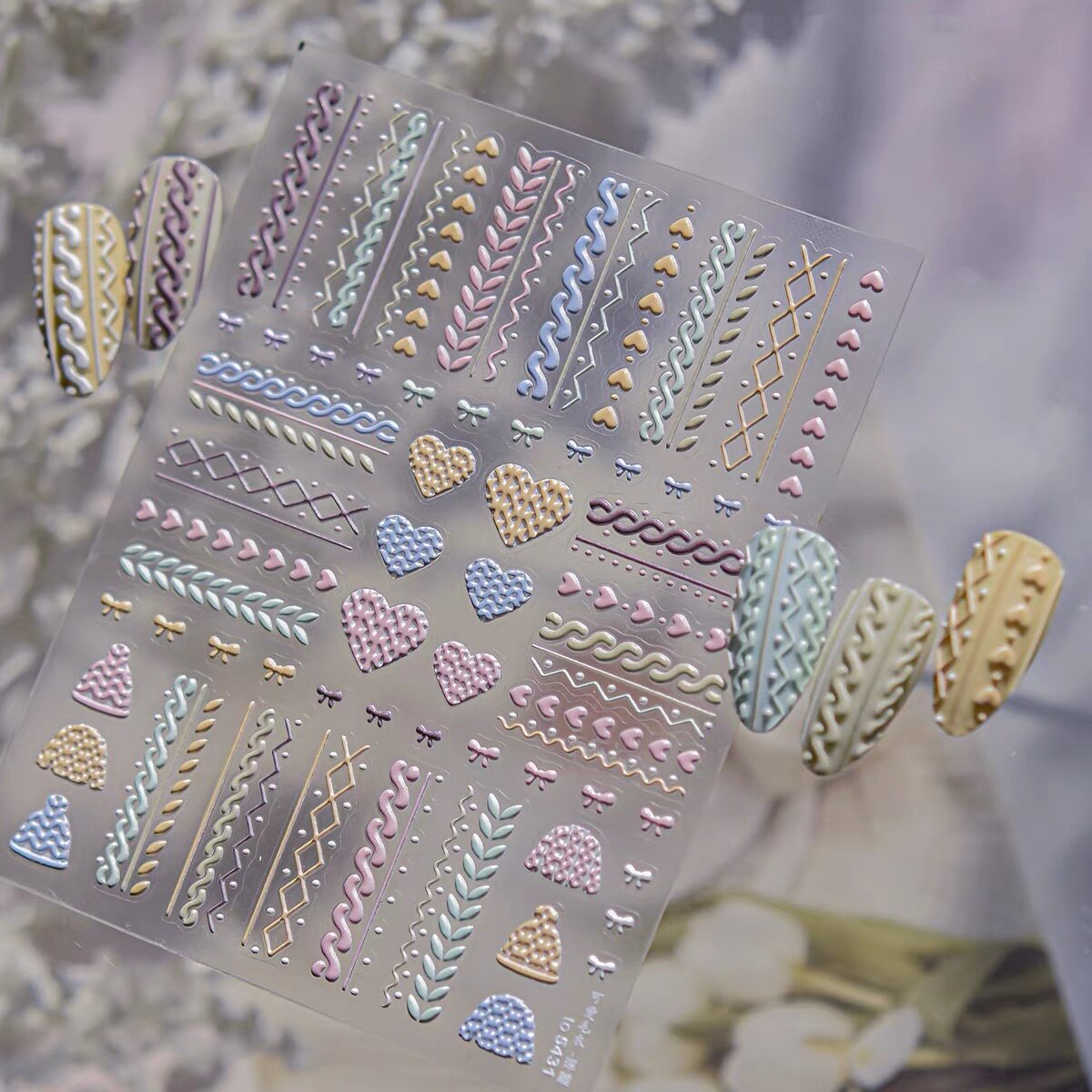 冬季毛衣纹美甲贴纸浮雕立体针织爱心蝴蝶结背胶防水指甲贴装饰品