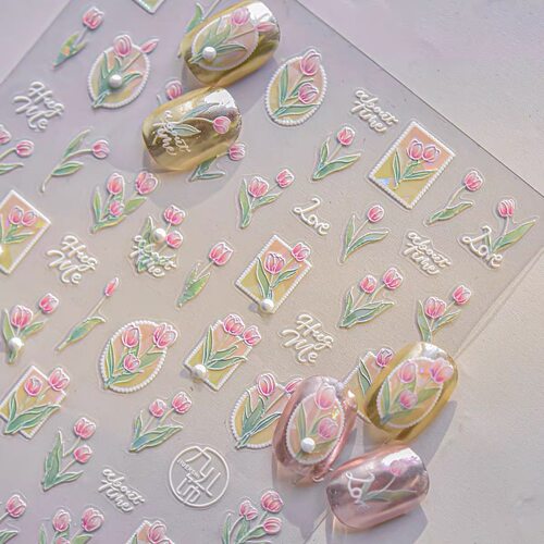 春季粉色郁金香花朵美甲贴纸