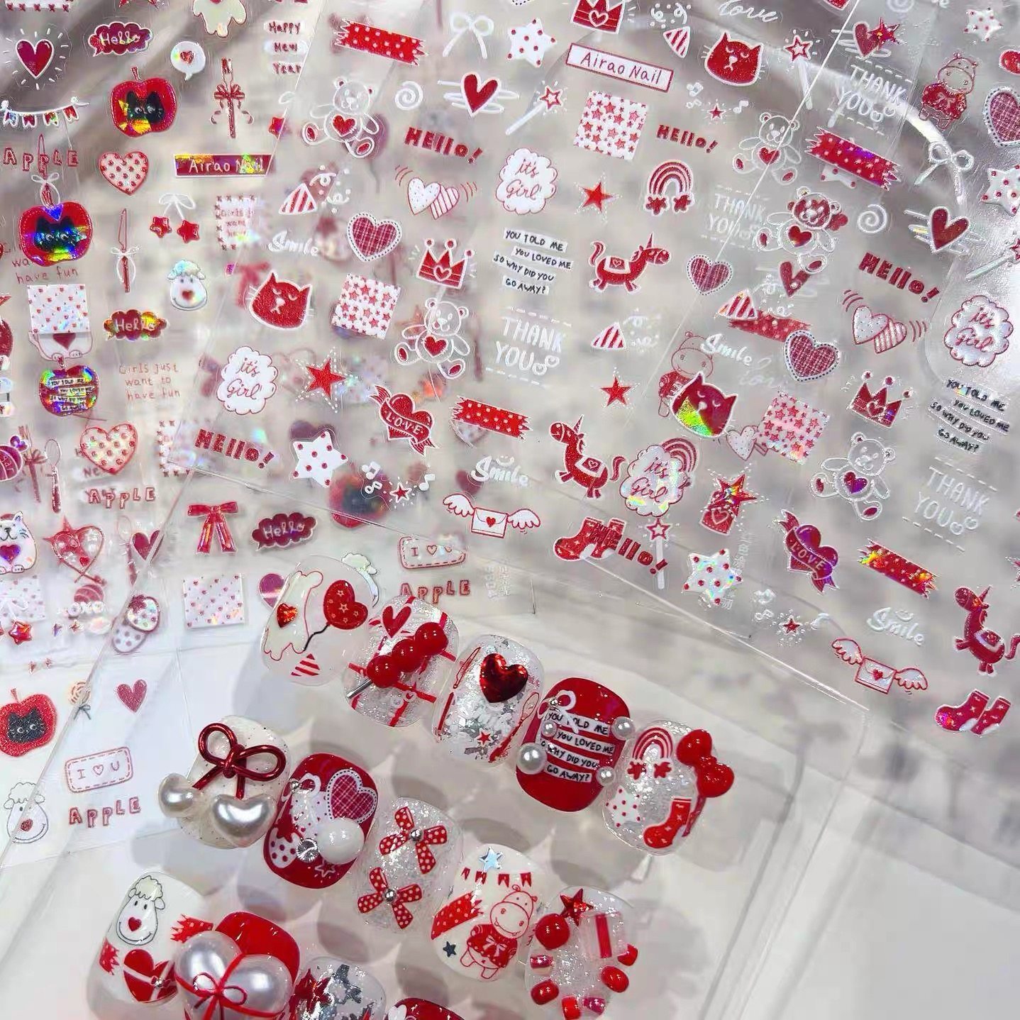 红色涂鸦爱心星星美甲贴纸贝壳光卡通小动物背胶防水指甲贴装饰品,彩妆/香水/美妆工具,美甲工具,淘宝优惠券,粉丝福利购,淘宝优惠卷