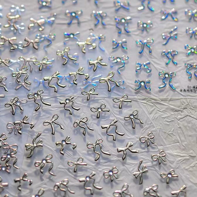 晶钻法式飘带蝴蝶结美甲贴纸梦幻镭射粉蝴蝶结百搭指甲贴花装饰品