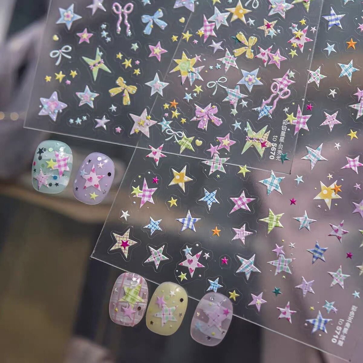 多巴胺彩色五角星美甲贴纸浮雕立体少女心蝴蝶结背胶指甲贴装饰品