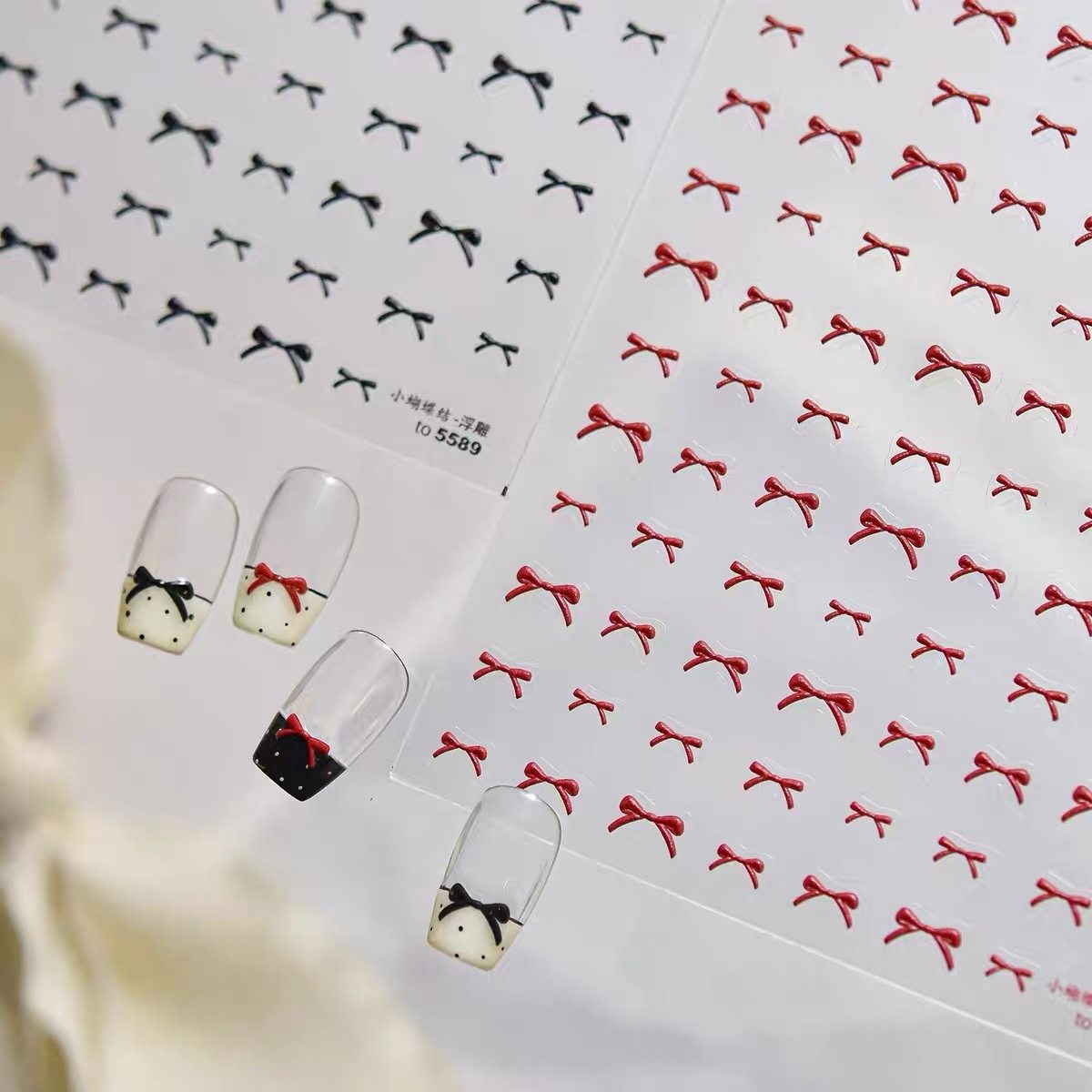 黑白红蝴蝶结美甲贴纸浮雕立体简约小蝴蝶结背胶防水指甲贴装饰品