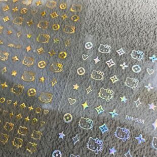 可爱卡通线条kt猫美甲贴纸薄韧烫金银色镂空凯蒂猫背胶指甲贴装 饰
