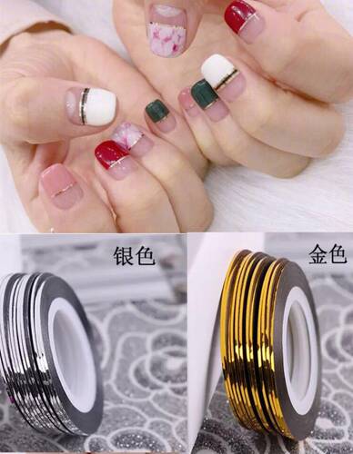 diy法式金银线带背胶美甲贴纸
