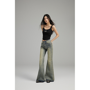 GVCJ高个子加长裤子毛边低腰宽松微喇裤复古美式牛仔裤新款拖地裤