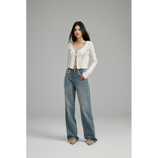 GVCJ高个子加长裤女毛边高腰阔腿牛仔裤新款大码宽松显瘦拖地裤