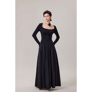 GVCJ高个子女装2024秋冬气质长袖黑色白色收腰显瘦百搭连衣裙长裙