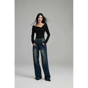 GVCJ高个子加长女裤秋冬复古高腰阔腿深色牛仔裤新款显瘦拖地裤