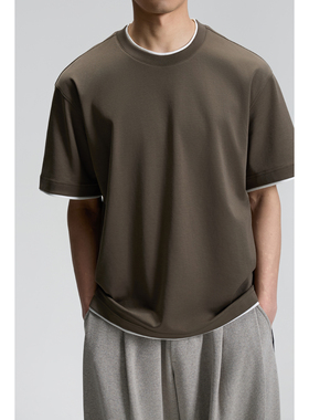 miracleweed夏季cityboy丝光棉假两件撞色拼接圆领宽松短袖T恤男