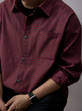 【日本进口100%棉】小红格复古口袋宽松休闲通勤衬衫翻领四季百搭