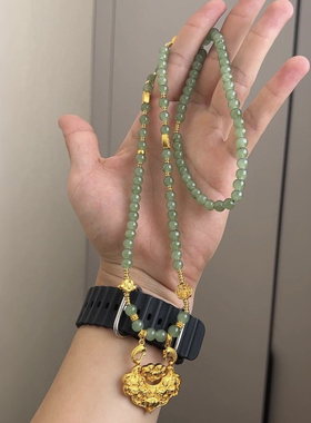 古法鉴刻锦鲤如意锁碧绿圆珠项链2024年新款古典气质平安锁清新款