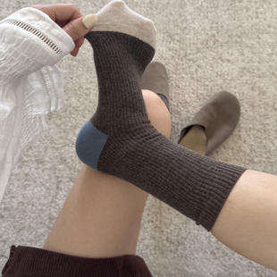 春秋新款 韩系简约超柔紧赛棉包裹感强堆堆袜女撞色直板中筒袜子